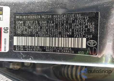 2015 Toyota Corolla Le из США, поврежденный, VIN 2T1BURHE0FC386144